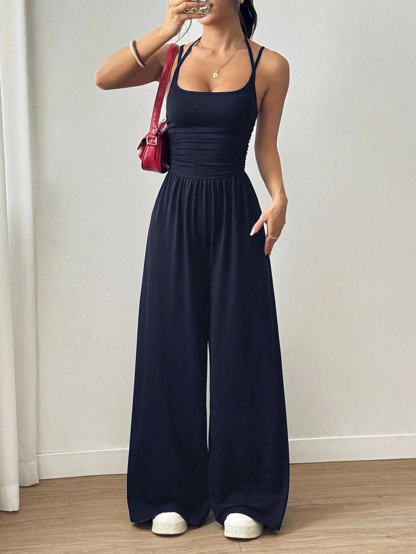 Halter Spaghetti Strap Casual Elastic High Waist Backless Wide Leg Jumpsuits