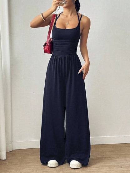 Halter Spaghetti Strap Casual Elastic High Waist Backless Wide Leg Jumpsuits