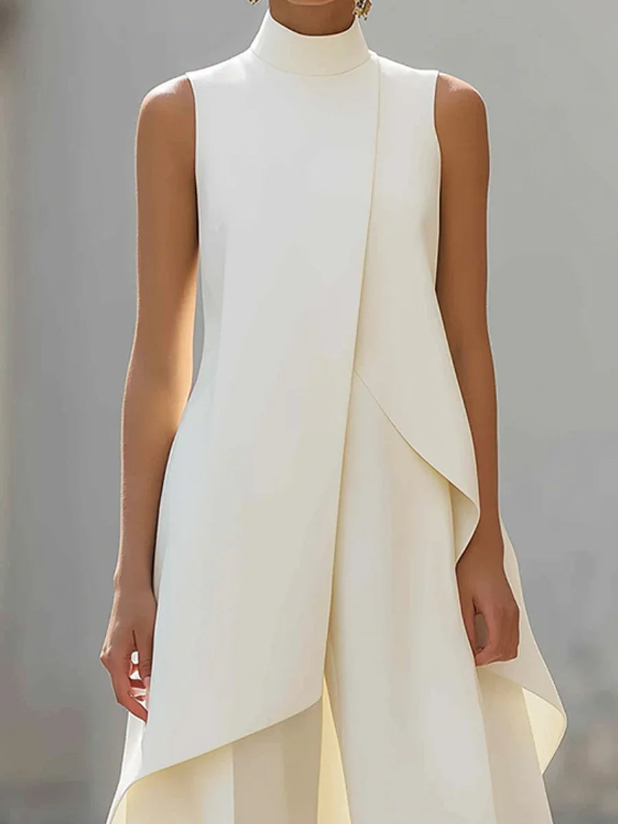 Sleeveless High Neck Jumpsuit With Asymmetric Draped Overlay Wide Leg