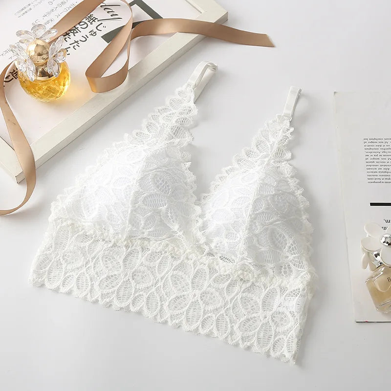 Floral Lace V Neck Bralette Adjustable Thin Straps Wireless Lace Bra