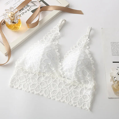 Floral Lace V Neck Bralette Adjustable Thin Straps Wireless Lace Bra