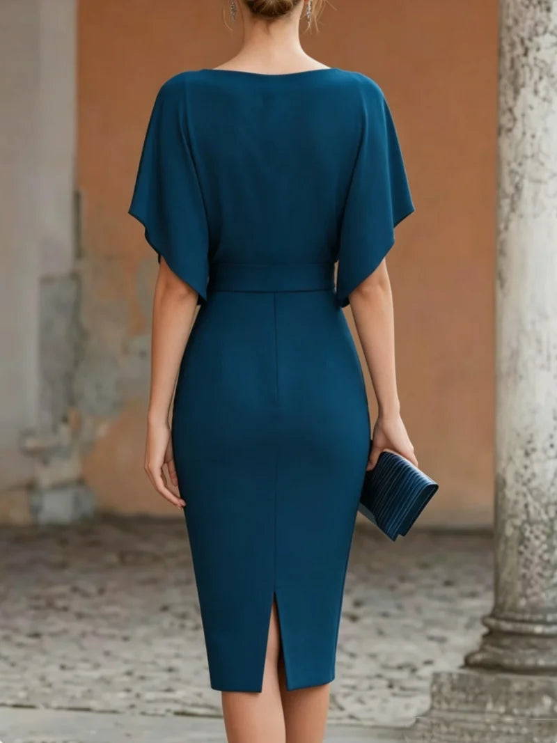 Short Sleeve Midi Dress Cowl Neck Draped Cape Bodycon Dress