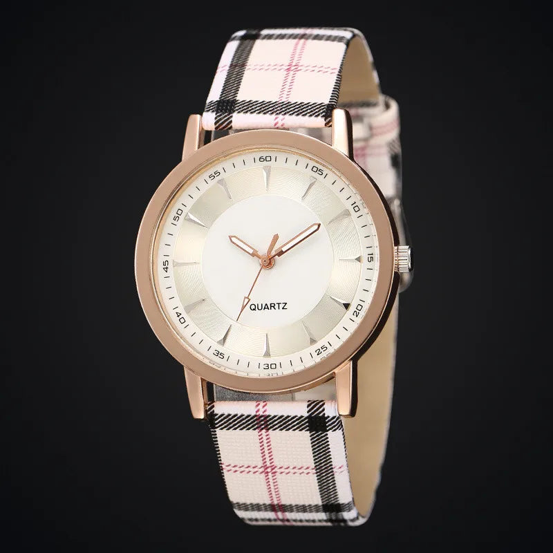 Vintage Plaid Leather Strap Quartz Wristwatches Watch