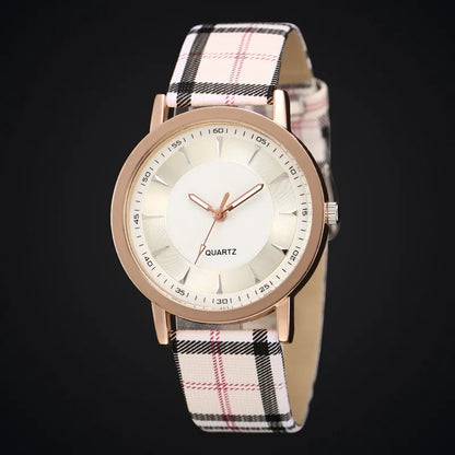 Vintage Plaid Leather Strap Quartz Wristwatches Watch
