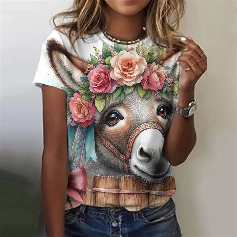 Cute Cow Donkey Pattern Flower Animals 3D Printed T Shirts