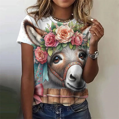 Cute Cow Donkey Pattern Flower Animals 3D Printed T Shirts