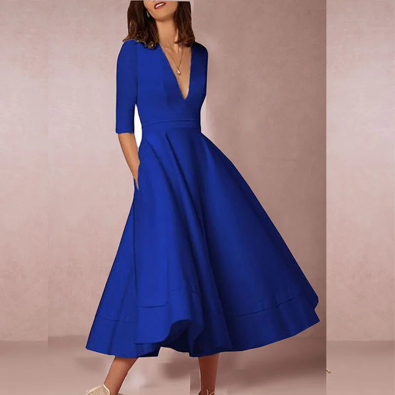 Short Sleeve V-neck Slit Solid High Quality Long Dress