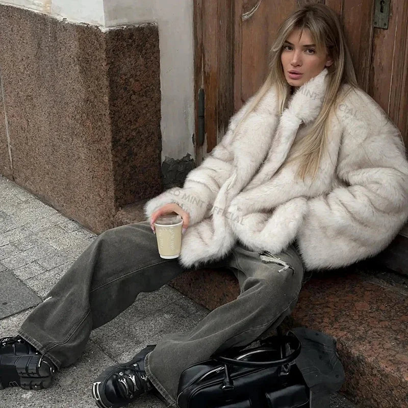 Chaqueta de piel sintética de zorro extragrande, gruesa y esponjosa