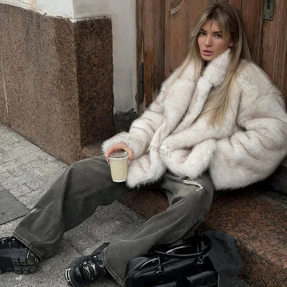 Chaqueta de piel sintética de zorro extragrande, gruesa y esponjosa