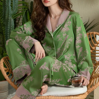 Large Collar Cardigan Home Wear Long-Sleeved Ice Silk Sleepwear Pajama Sets