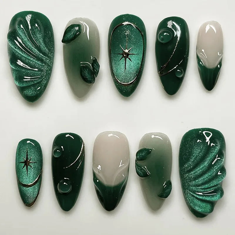 24Pcs Metallic Cat Eye French Sheer Manicure Tip Art Textured 3D Acrylic False Nails