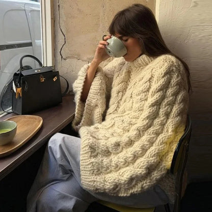Oversize Knit Pullover Casual Lazy Round Neck Kink Solid Sweater