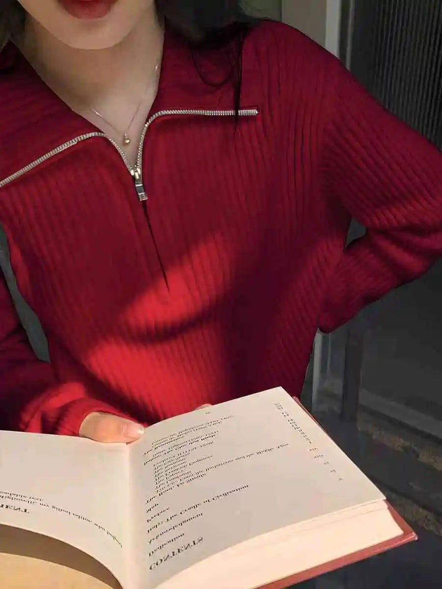 Knitted Long Sleeve Turn Down Collar Knit Sweater Pullover