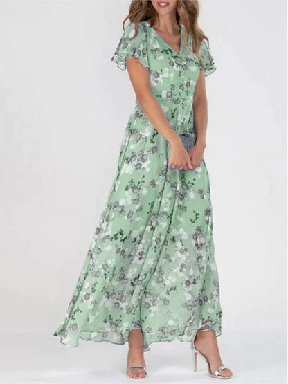 Elegant Flower Long Ruffle Short Sleeve Boho Style High Waist Dress