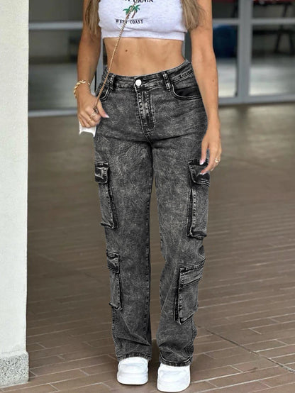 Multi-Flap Pocket Straight Leg Cargo Jeans