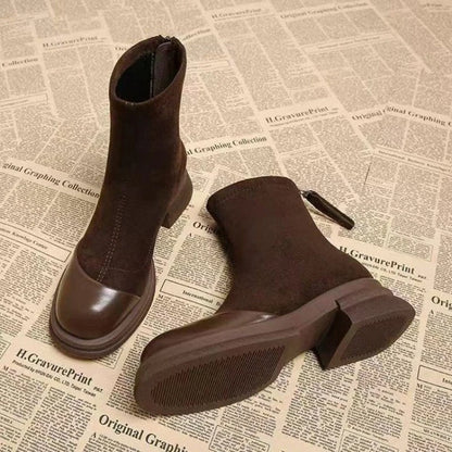 Patchwork Suede Ankle Boots Back Zipper Chunky Platform Heel Short Boots