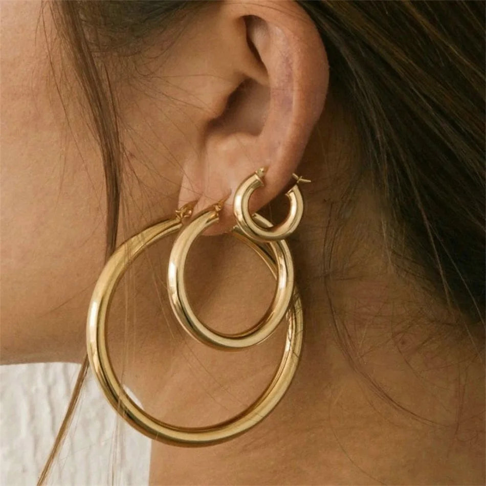 Classic Stainless Steel Ear Buckle Gold Small Large Circle Hoop Earrings