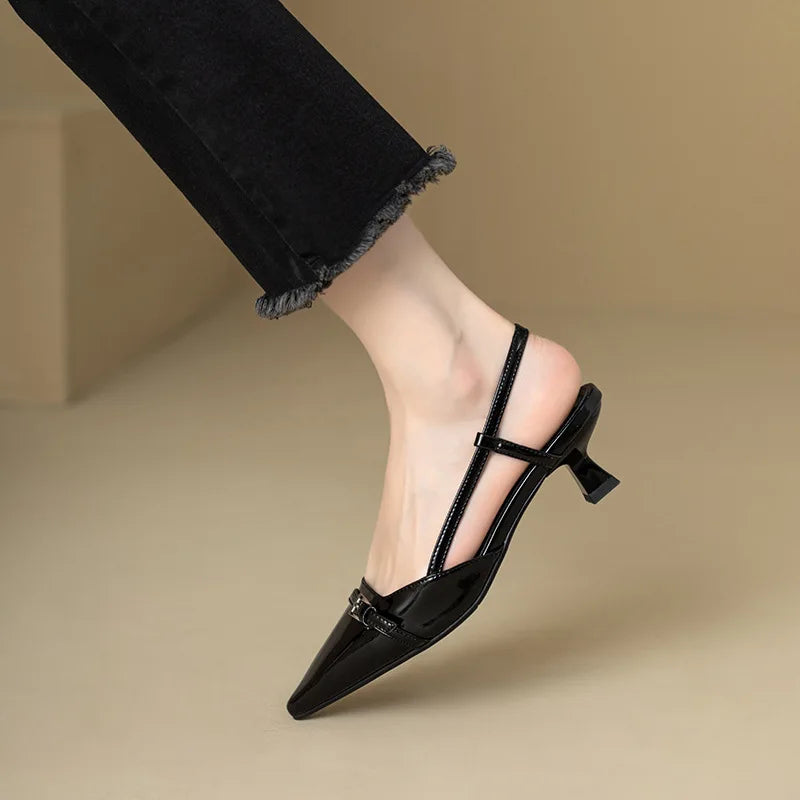 Leather Mid-heel Overhead Skinny Heel Shoes