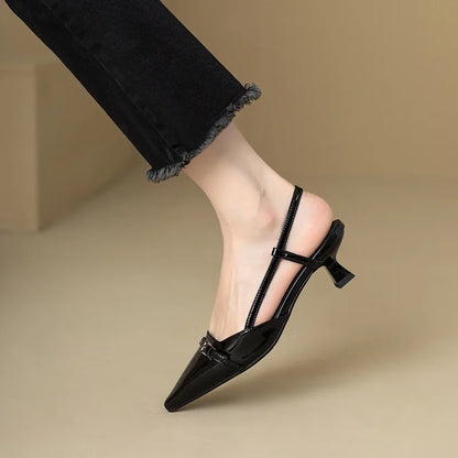 Leather Mid-heel Overhead Skinny Heel Shoes