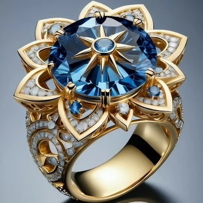 Luxury Blue Zircon Big Stone Round Sun Flower Vintage Gold Ring