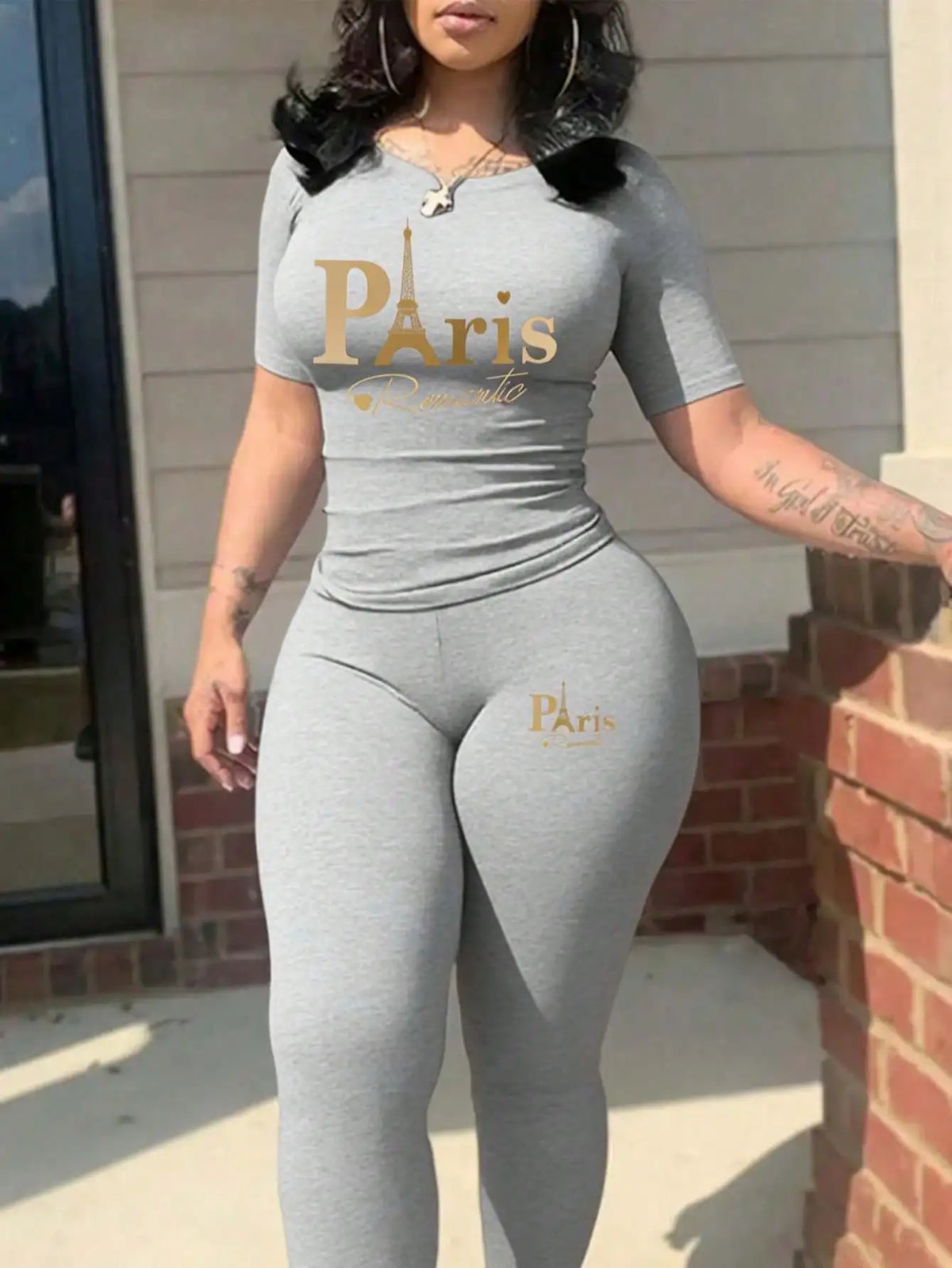 New Paris Printed Two-Piece Casual Short-Sleeved Round Neck T-Shirt Set