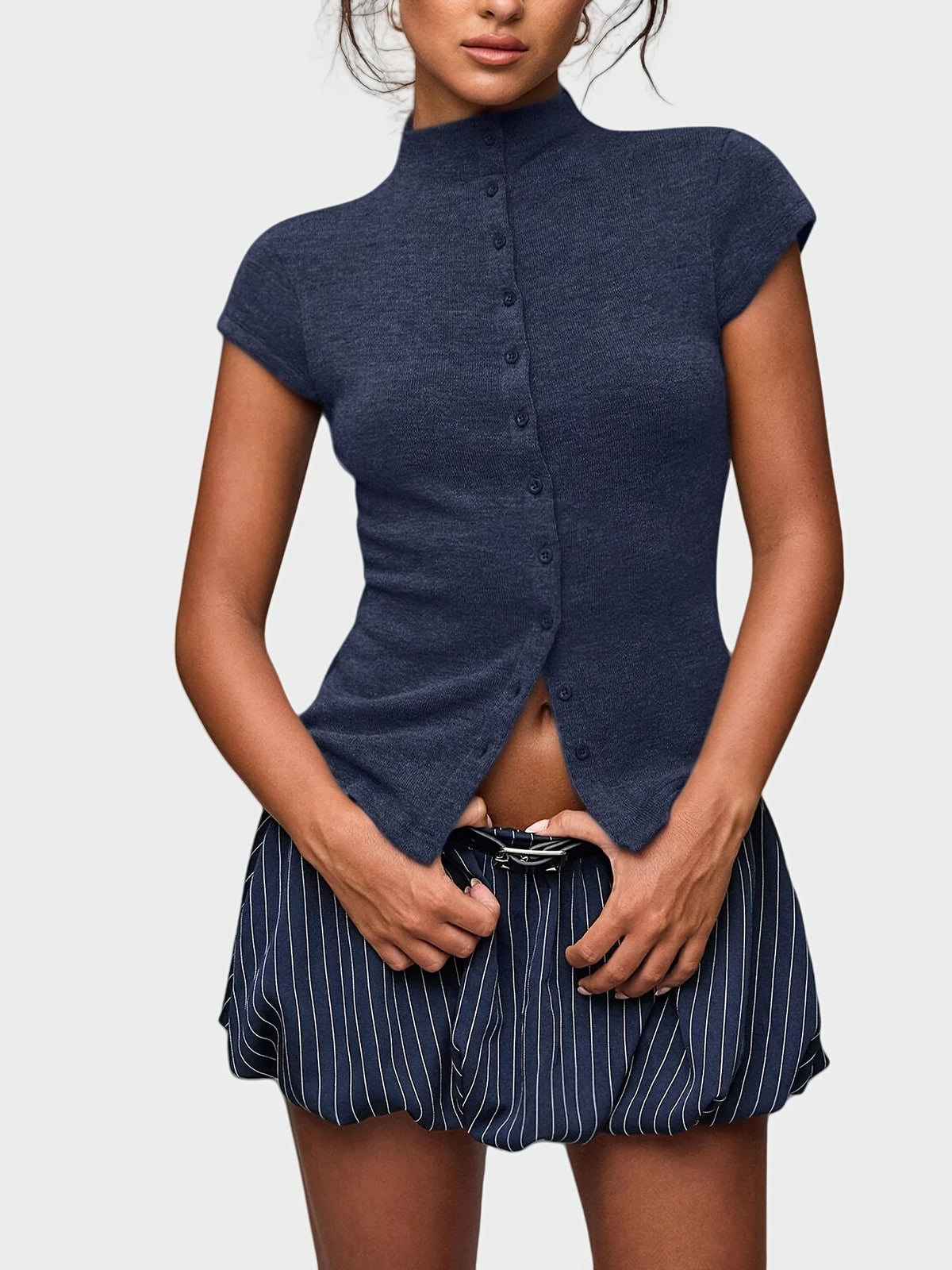 Knitted Turtleneck Top Slim Four-Season Short-Sleeved Cardigan