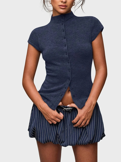 Knitted Turtleneck Top Slim Four-Season Short-Sleeved Cardigan