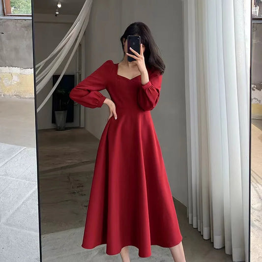 Long Puff Sleeve Solid Elegant Dress