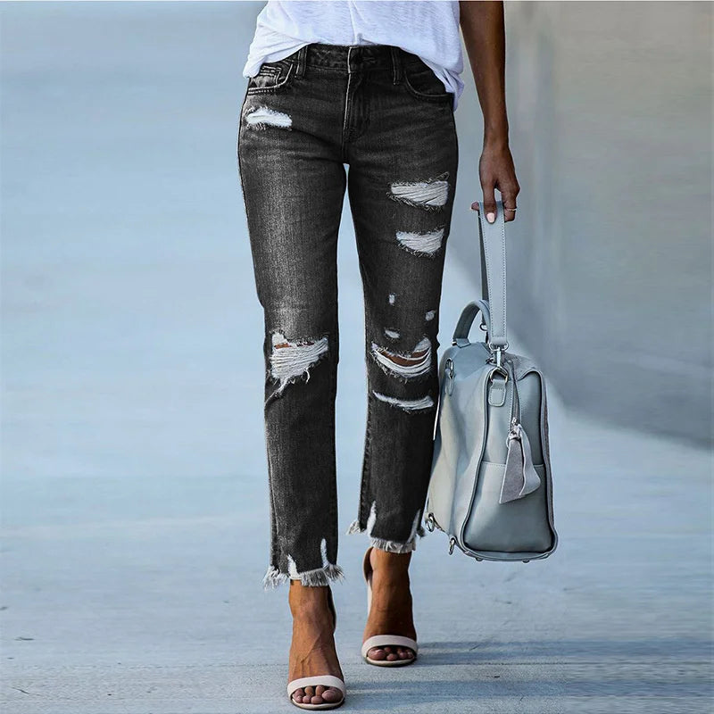 Broken Holes Tassel Straight Mid-waist Button Splicing Jeans