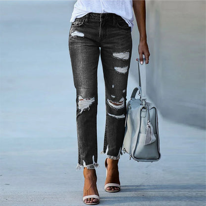 Broken Holes Tassel Straight Mid-waist Button Splicing Jeans