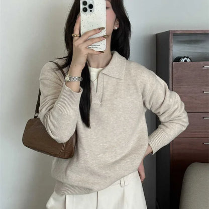 Knitted Long Sleeve Turn Down Collar Knit Sweater Pullover