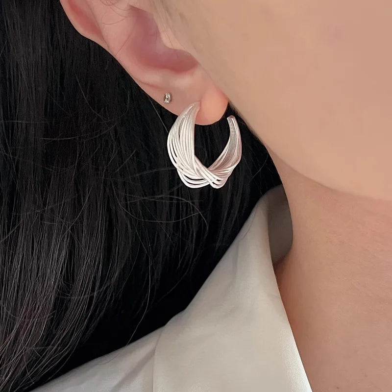 925 Sterling Silver Frosting Hoop Crossing Line Hollow Out Earrings