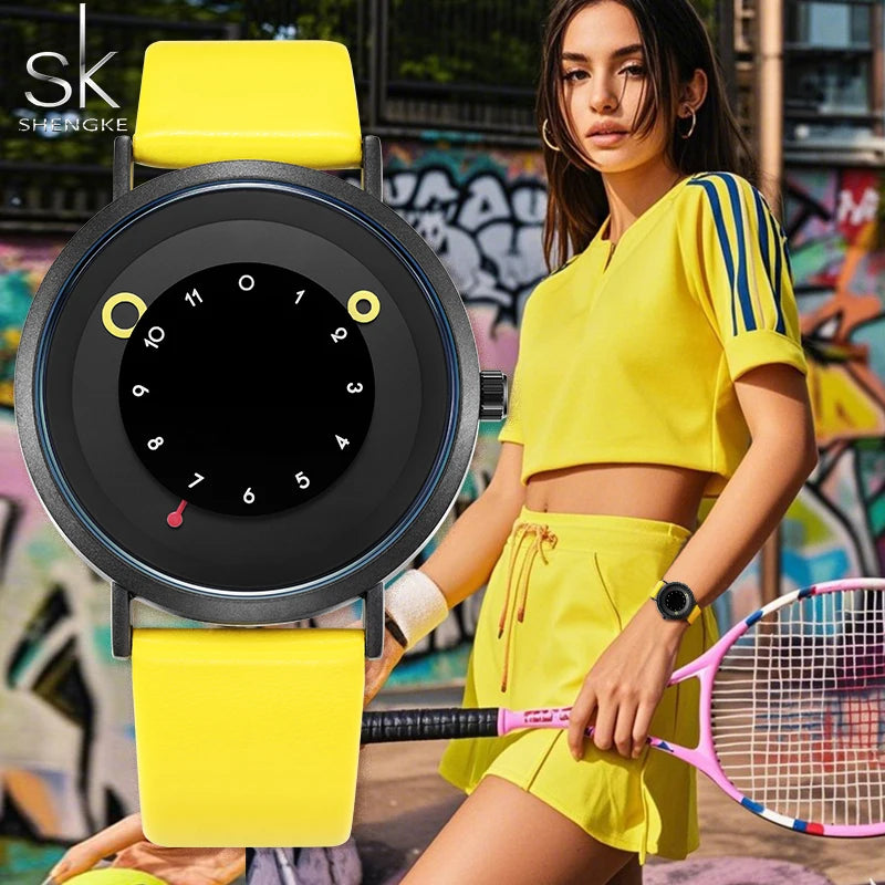 Shengke Creative Yellow Leather Band Wristwatches