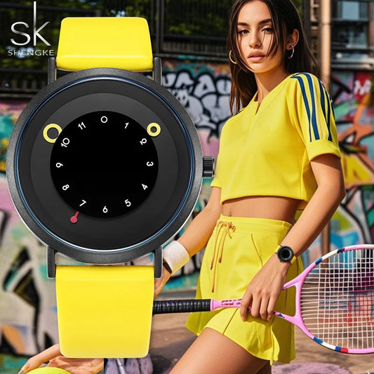 Shengke Creative Yellow Leather Band Wristwatches