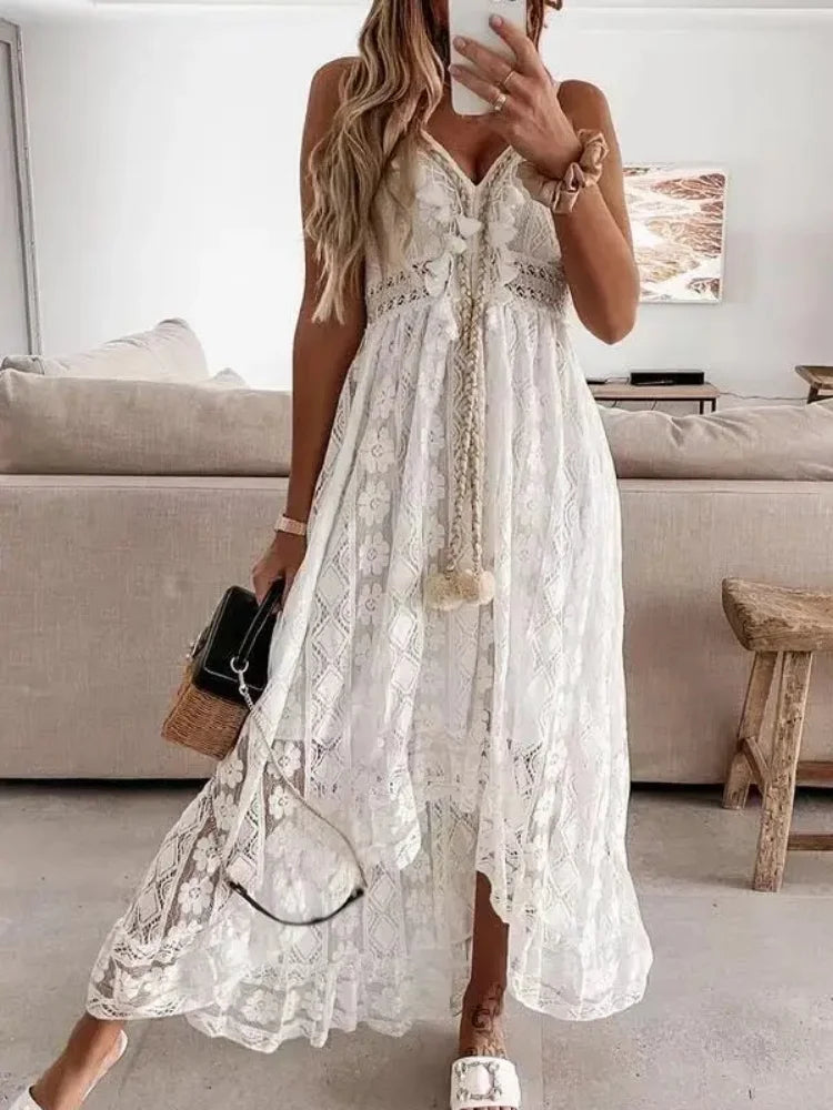 Sexy Long Dress Lace Sleeveless V Neck Hollow Out Elegant Loose Dress