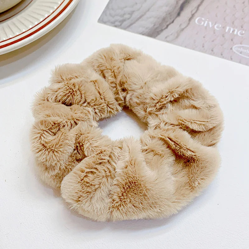 Solid Soft Plush Wide Hair Band Ponytail Holder Hair Tie Fluffy Rubber Band