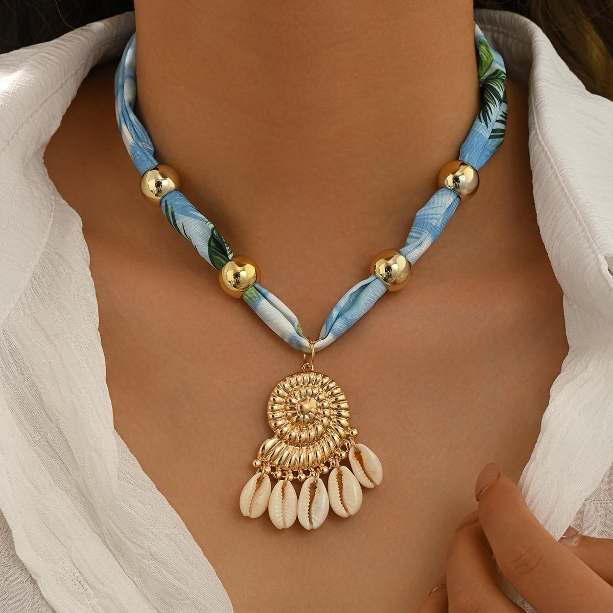 Boho Printed Fabric Choker Gold Starfish Shell Cowrie Necklace