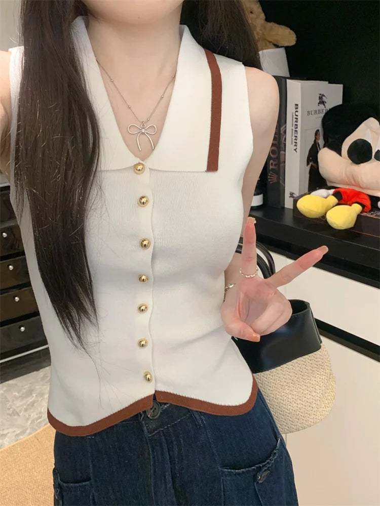 Polo Collar Knit Vest with Gold Button Sleeveless Cardigan Vest