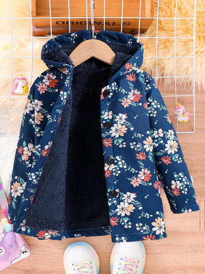 Fall/Winter Girls' Fleece Hooded Single-Breasted Floral Print Coat