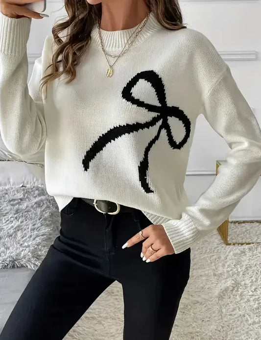 Elegant Casual Knit Bowtie Warm Long Sleeve Pullover