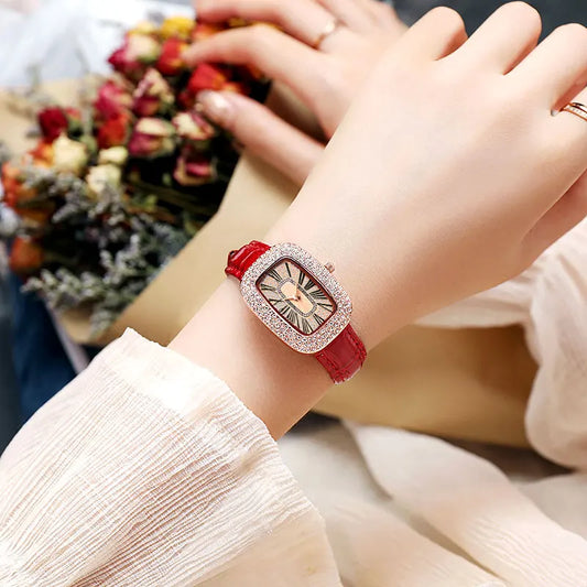 Leather strap with diamond inlay water diamond wine barrel quartz watch