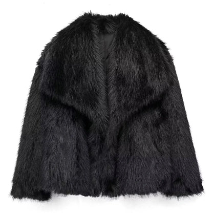 Elegant Faux Fur Warm Fluffy Loose Long Sleeve Lapel Jacket