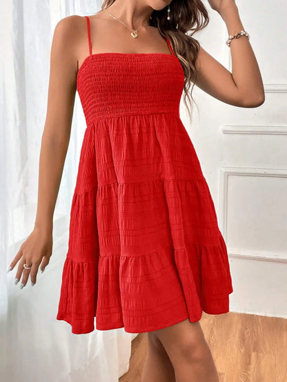 Spaghetti Strap Smocked Bustier Mini Swing Dress