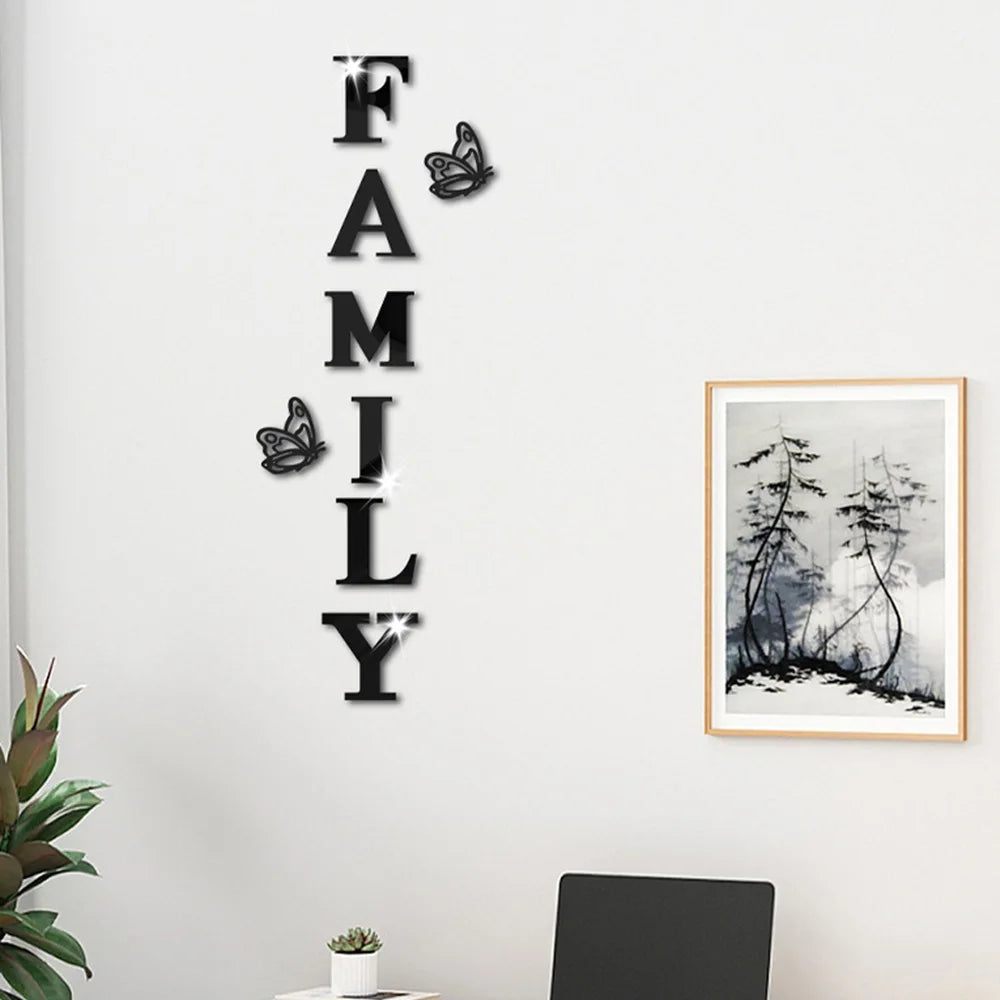 Two butterflies English Letters Family 3D Mirror Wall Stickers