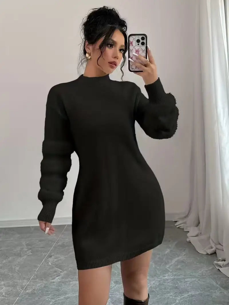 Casual Stand-Collar Loose-Fit Knit Patchwork Dress