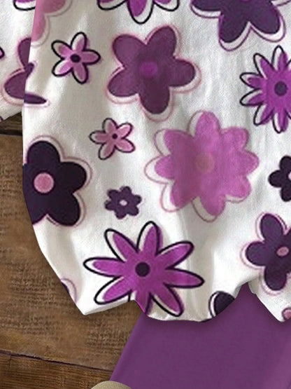 Purple Floral Print Short Sleeve T-shirt  Set