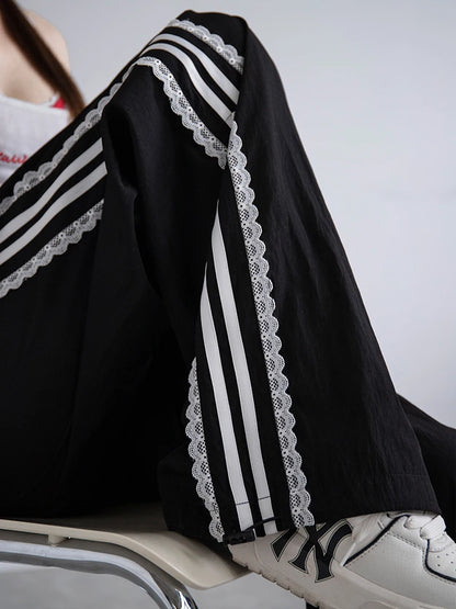 Korean Lace Patchwork Side Stripe Webbing Wide-Leg Pants