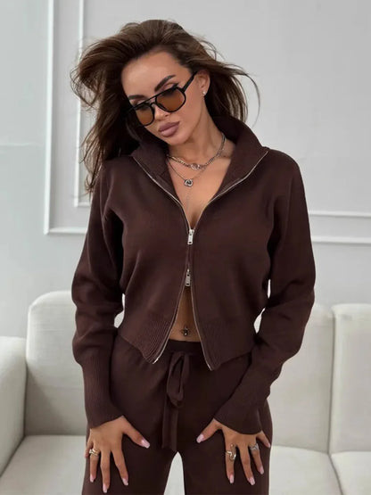 Knit Zip Up Cardigan Wide Leg Soft Fabric Cropped Sets