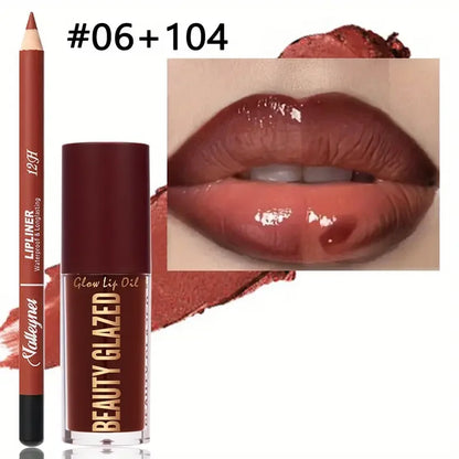 2pcs/SET Makeup Set Matte Lip Liner + Moisturizing Colored Lip Oil Long-Lasting
