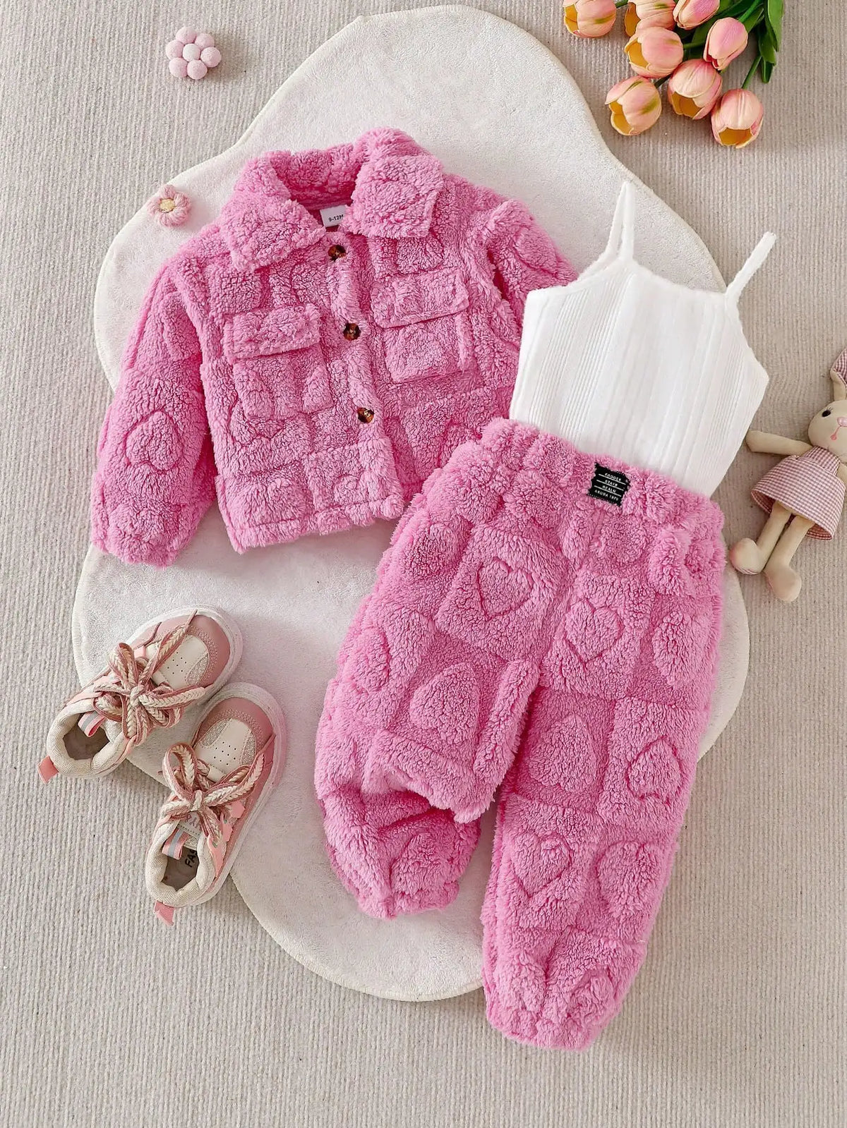 Baby girl casual pink plush long sleeved jacket Set